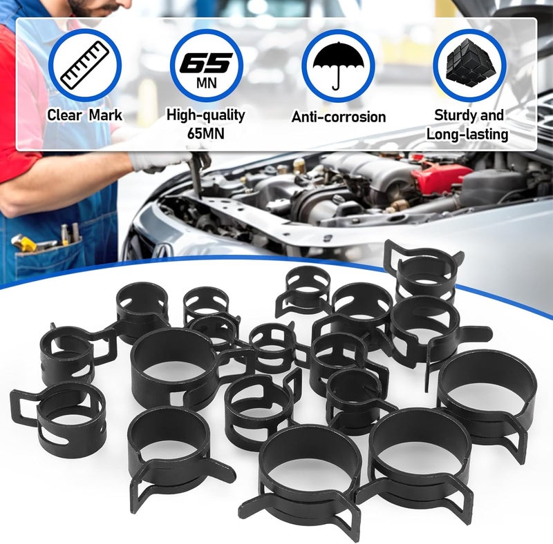 Toolwiz 120Pcs 7-22mm Spring Band Hose Clamp Assortment with Swivel Clamp Pliers, Constant Tension Radiator Hose Clamps, Black Hose Clips for Fuel Line, Silicone Vacuum Hose, Air Tube, Water Pipe - Image 4